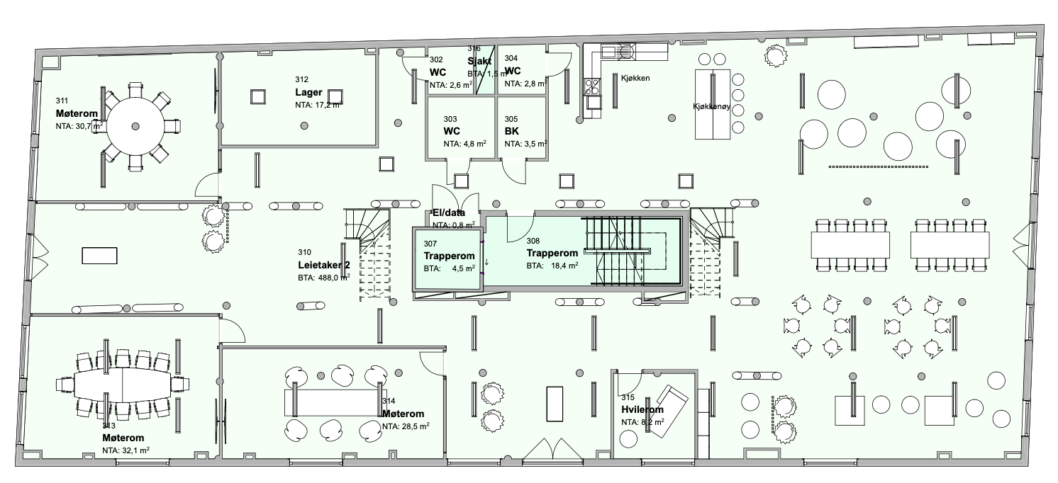 Forslag til planløsning 3. etasje Kjøpmannsgata 51