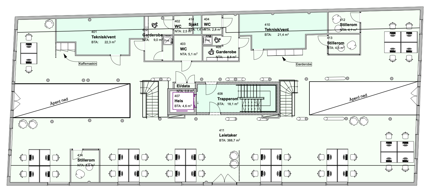 Forslag til planløsning 4. etasje Kjøpmannsgata 51