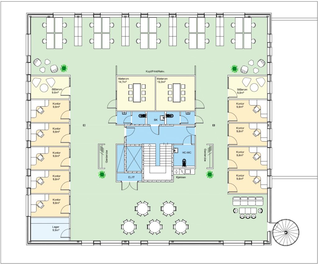 Eksempel på kombinert cellekontorer og åpent kontorlandskap