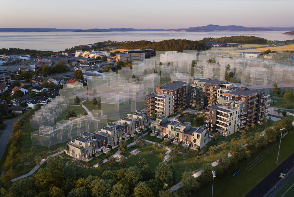 Leangen Trinn 1_Eksteriør_Vinkel 02_Drone Kveld_alt2_v10_3destate.no